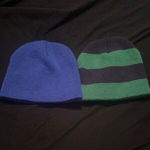 Kids' Blue and Green Striped Beanie Set